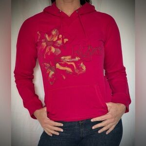 Hot Pink Roxy Tropical Floral Print Pullover Hoodie Sweatshirt with Pocket